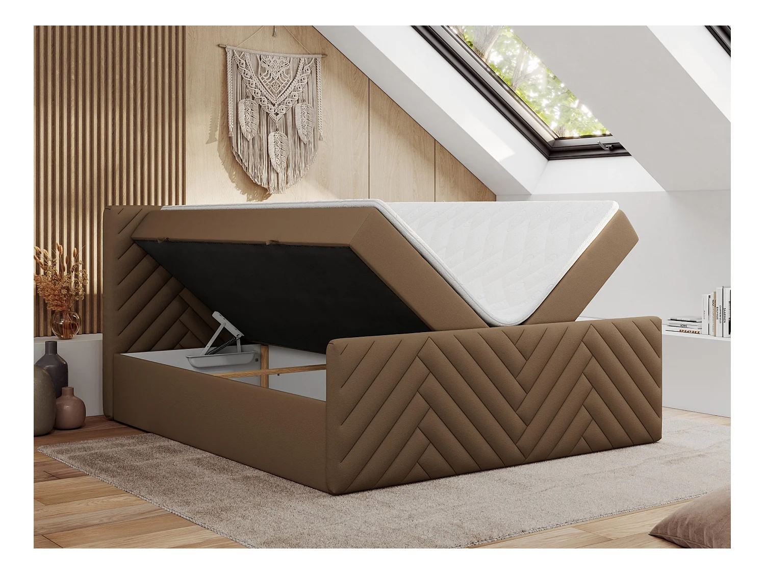 Boxspringbett PARIS DUO - Polsterbett mit genähtem Kopfteil und Frontplatte, Doppelbett, zwei Bettkästen - 120x200 cm - H3 - Braun Kunstleder