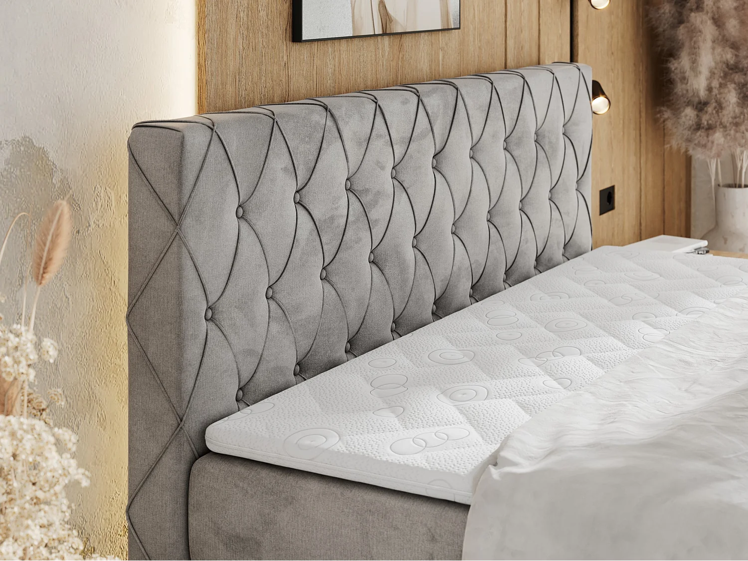 Boxspringbett MIREN KING DUO - für Schlafzimmer mit zwei Multipocket-Matratzen und Topper, gestepptes Kopfteil und Front  - 160x200 cm - H3 - Hellgrau Velvet