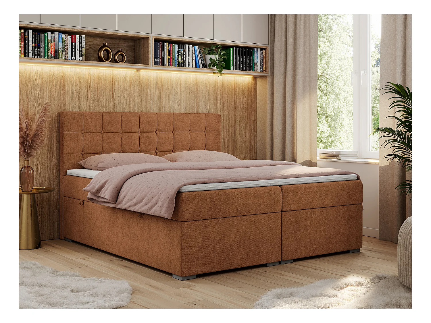 Boxspringbett CARMEN - Polsterbett mit zwei Bettkästen, gesteppte Kopfstütze, Multipocket-Matratze - 160x200 cm - H3 - Orange Stukture