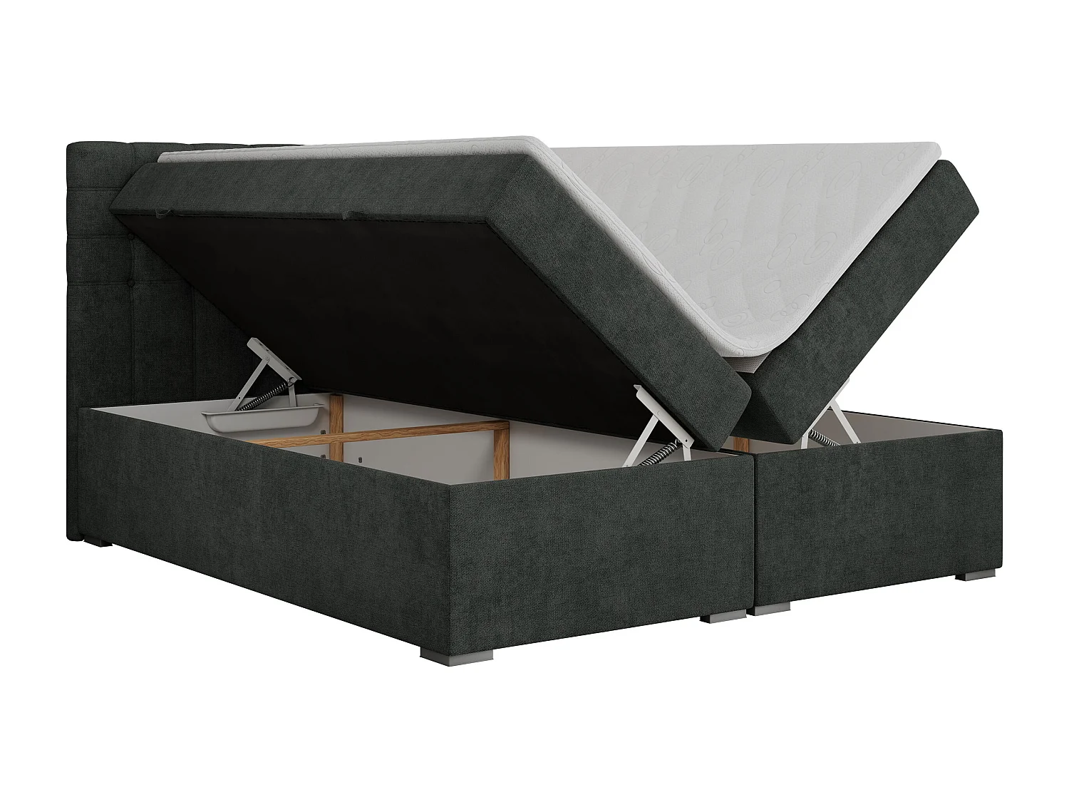 Boxspringbett SUSAN - mit gestepptem Kopfteil, zwei Bettkästen und Topper, gepolstertes Schlafzimmerbett - 200x200 cm - H3 - Dunkelgrau Stukture