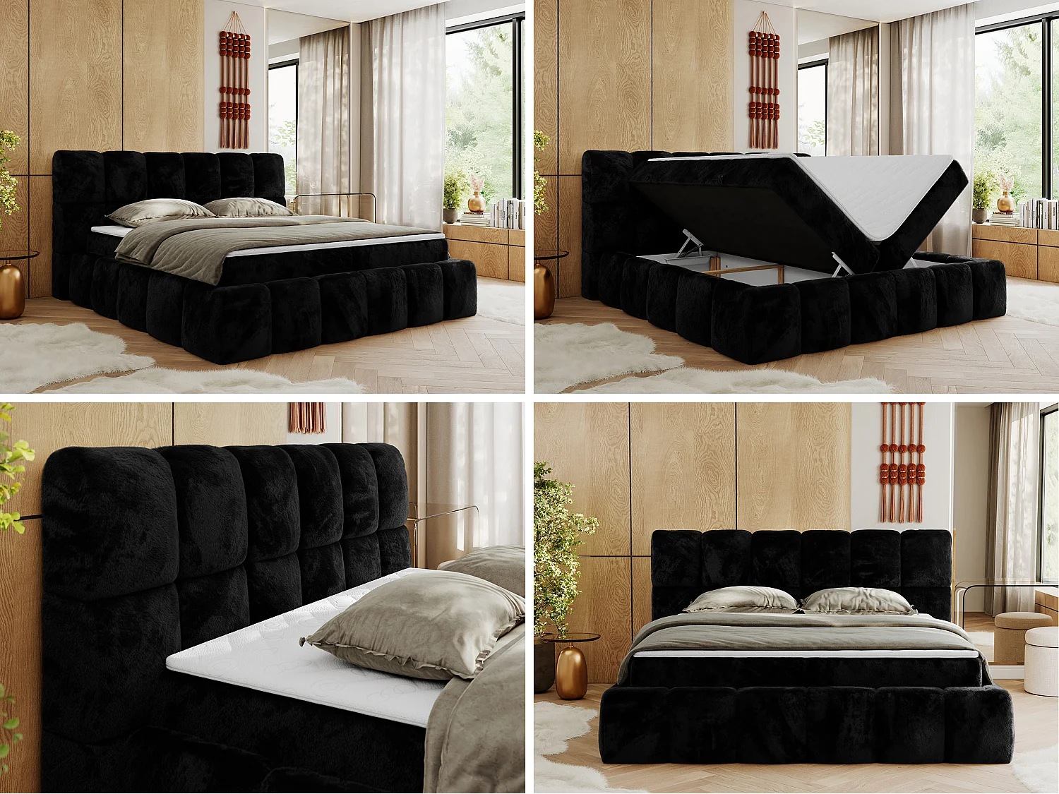 Boxspringbett NIRA - dekorativ kopfteil, Bettkästen und Multipocket-Matratze, Doppelbett für Schlafzimmer - 120x200 cm - H3 - Schwarz Plüsch