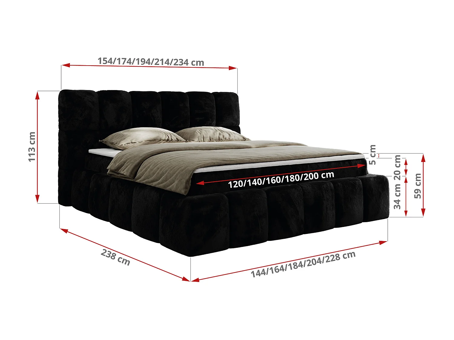 Boxspringbett NIRA - dekorativ kopfteil, Bettkästen und Multipocket-Matratze, Doppelbett für Schlafzimmer - 120x200 cm - H3 - Schwarz Plüsch