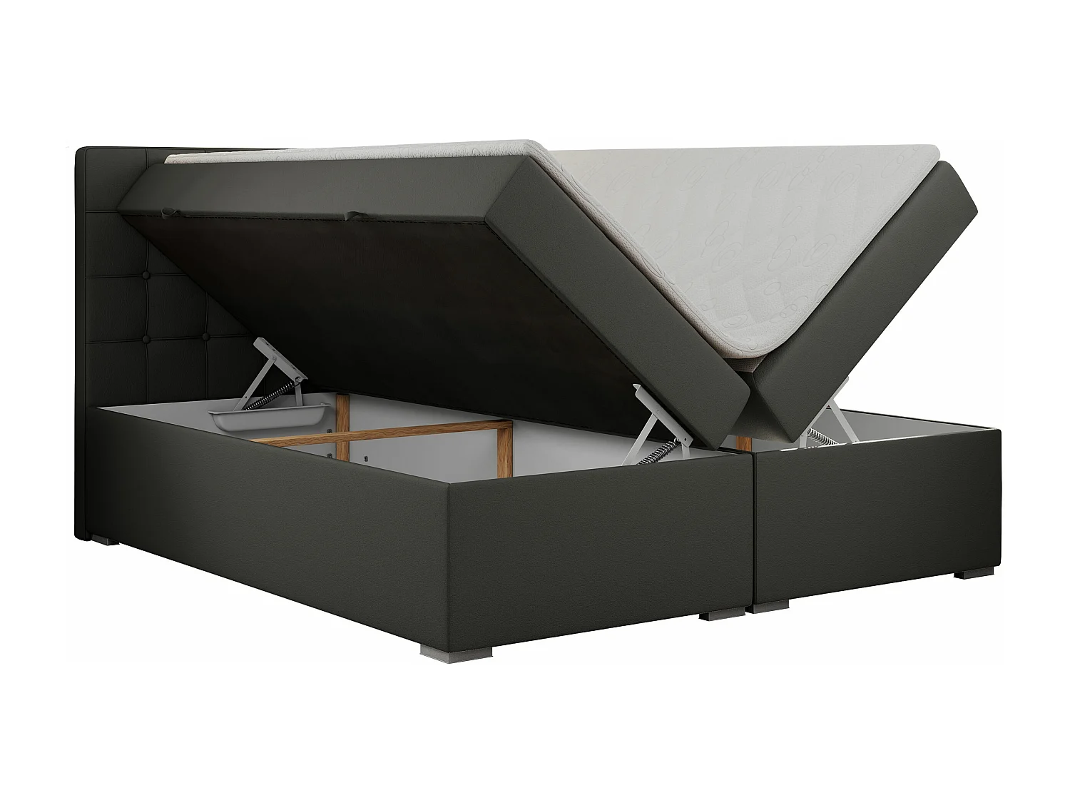 Boxspringbett CARMEN - Polsterbett mit zwei Bettkästen, gesteppte Kopfstütze, Multipocket-Matratze - 180x200 cm - H3 - Dunkelgrau Kunstleder
