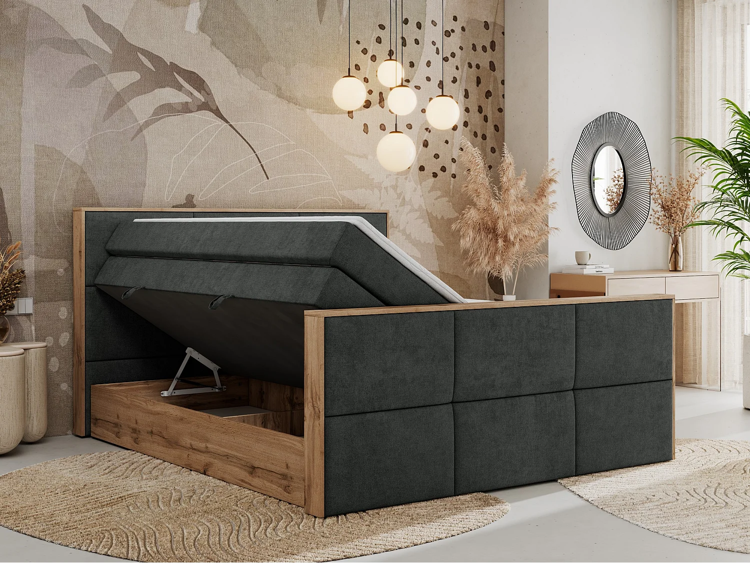 Boxspringbett ALBERO 2 KING DUO - Eiche Wotan Holzrahmen, zwei Multipocket-Matratzen, Bettkästen - 120x200 cm - H4 - Dunkelgrau Strukture