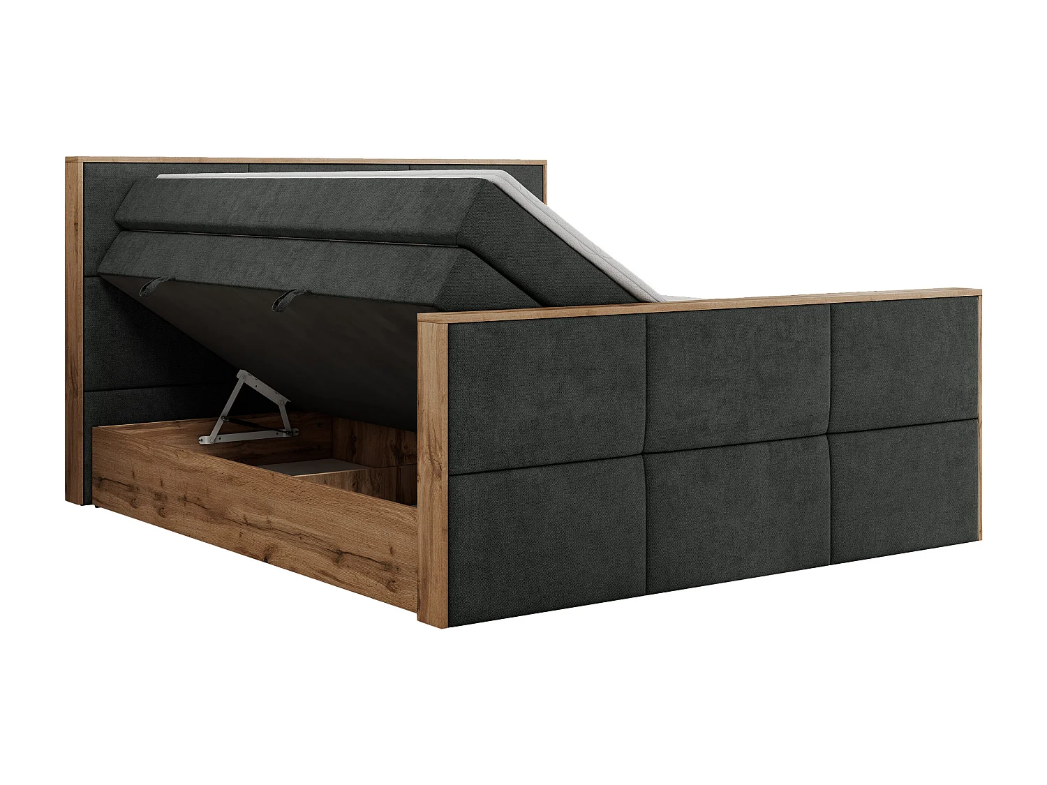 Boxspringbett ALBERO 2 KING DUO - Eiche Wotan Holzrahmen, zwei Multipocket-Matratzen, Bettkästen - 120x200 cm - H4 - Dunkelgrau Strukture