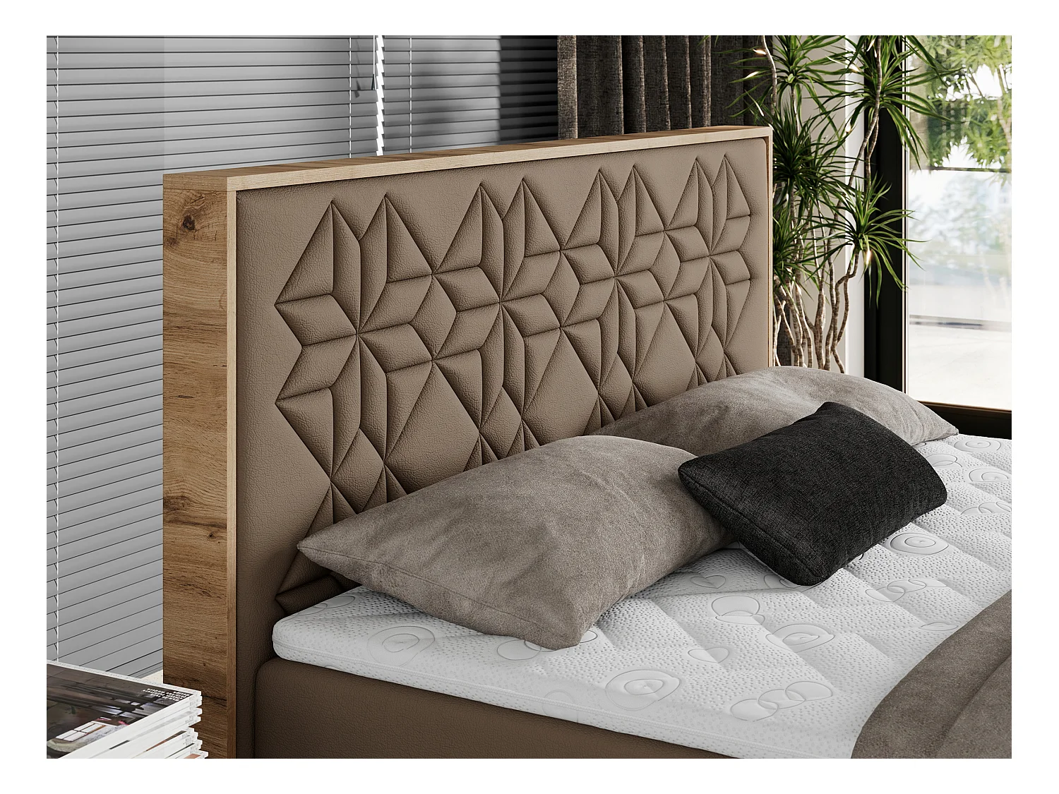 Boxspringbett NESSI - mit hoher Kopfstütze, Multipocket-Matratze und Topper, Doppelbett mit Bettkästen - 160x200 cm - H4 - Braun Kunstleder