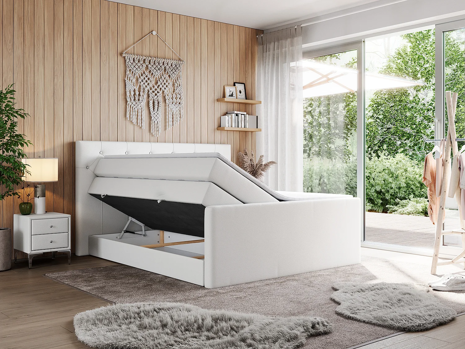 Boxspringbett VELEN KING - Doppelbett mit gestepptem Kopfteil, zwei Multipocket-Matratzen, Polsterbett mit Kopfstütze - 200x200 cm - H4 - Weiß Kunstleder