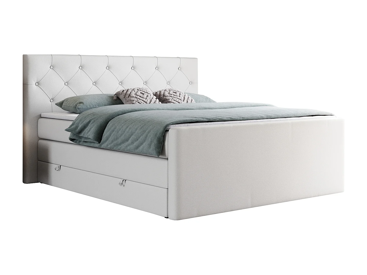 Boxspringbett VELEN KING - Doppelbett mit gestepptem Kopfteil, zwei Multipocket-Matratzen, Polsterbett mit Kopfstütze - 200x200 cm - H4 - Weiß Kunstleder