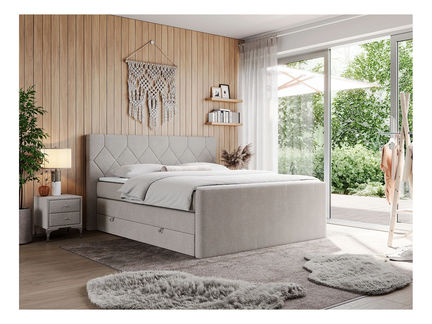 Boxspringbett EIGAR KING - Doppelbett mit genähtem Kopfteil, zwei Multipocket-Matratzen, Polsterbett für Schlafzimmer - 200x200 cm - H4 - Beige Strukture