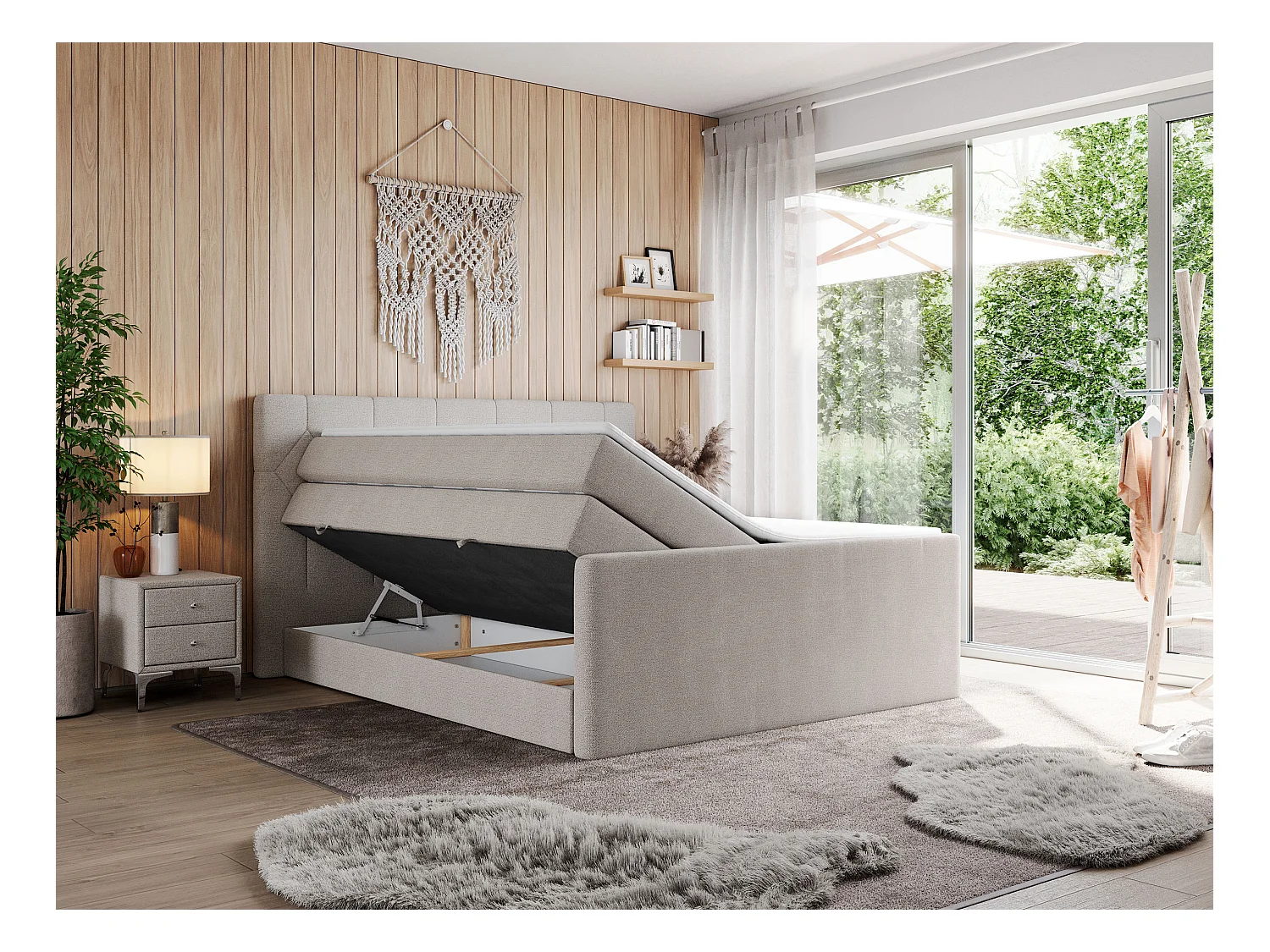 Boxspringbett EIGAR KING - Doppelbett mit genähtem Kopfteil, zwei Multipocket-Matratzen, Polsterbett für Schlafzimmer - 200x200 cm - H4 - Beige Strukture