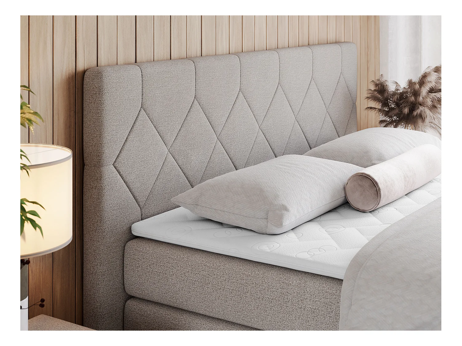 Boxspringbett EIGAR KING - Doppelbett mit genähtem Kopfteil, zwei Multipocket-Matratzen, Polsterbett für Schlafzimmer - 200x200 cm - H4 - Beige Strukture