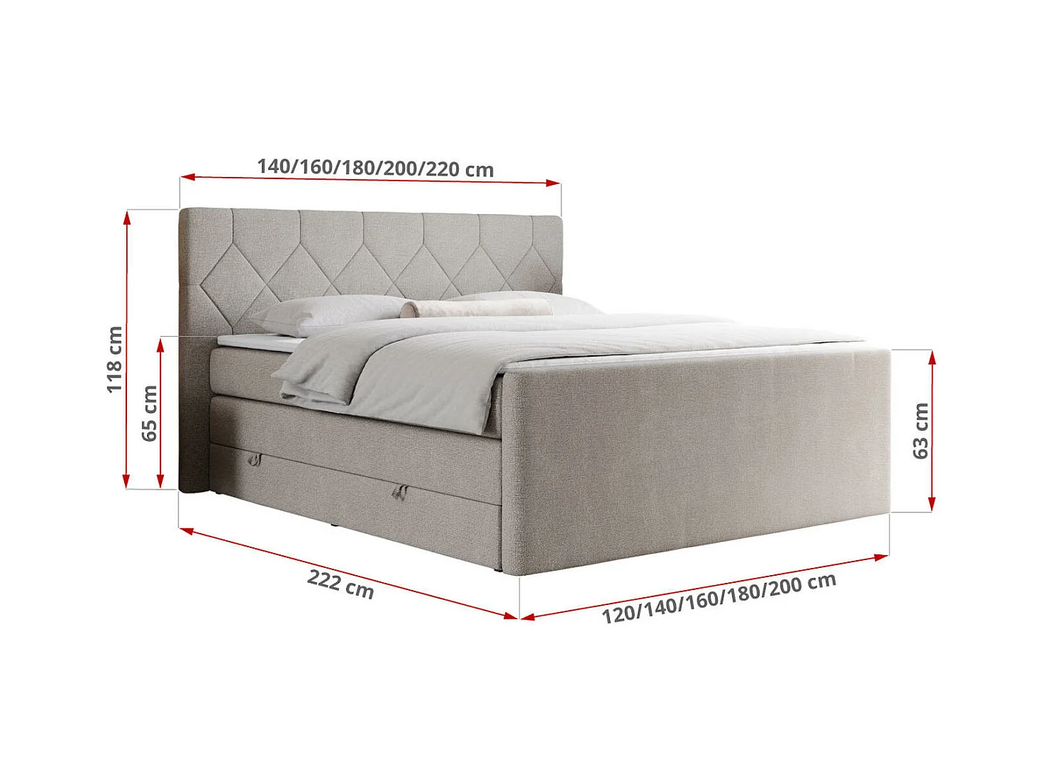 Boxspringbett EIGAR KING - Doppelbett mit genähtem Kopfteil, zwei Multipocket-Matratzen, Polsterbett für Schlafzimmer - 200x200 cm - H4 - Beige Strukture