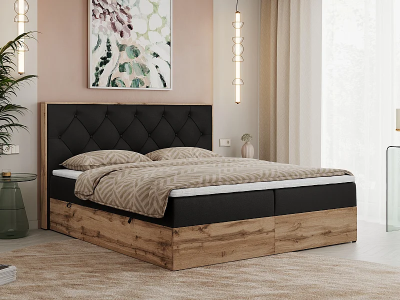 Boxspringbett VENETO - gestepptem Kopfteil, Set mit Multipocket-Matratze und Topper, Holzrahmen, zwei Bettkästen - 160x200 cm - H4 - Schwarz Kunstleder