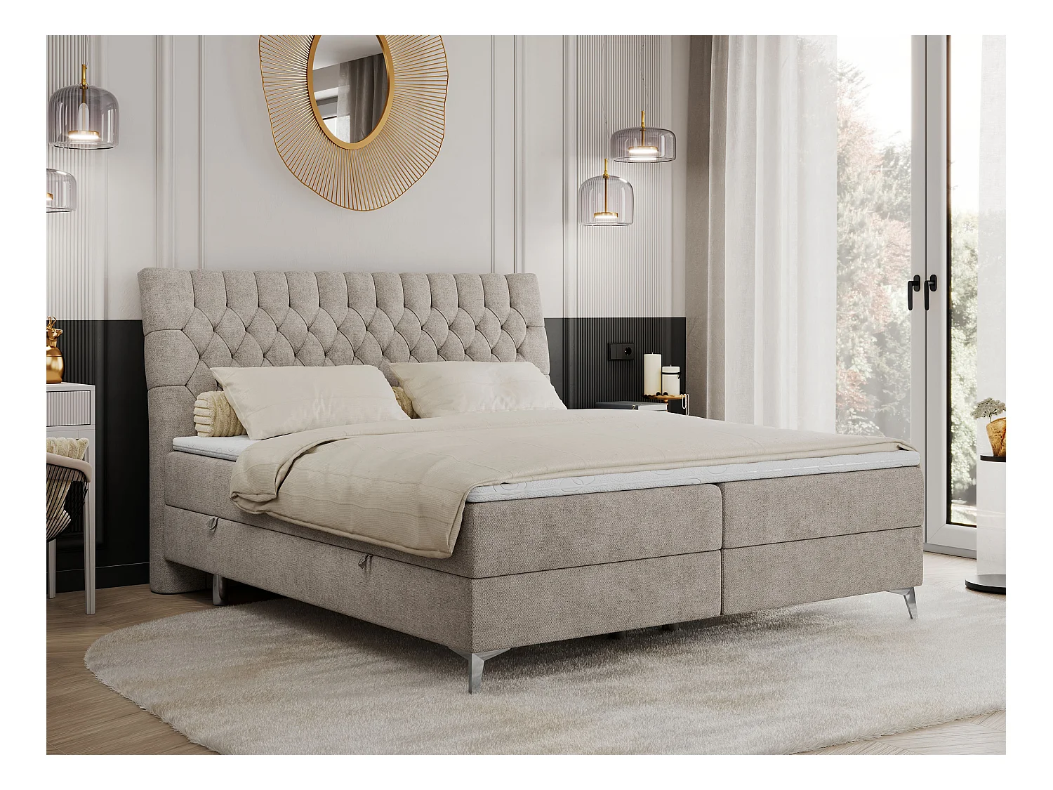 Boxspringbett MILEN - gepolstertes Schlafzimmerbett, zwei Multipocket-Matratze, dekorative hohe Beine - 200x200 cm - H3 - Beige Strukture