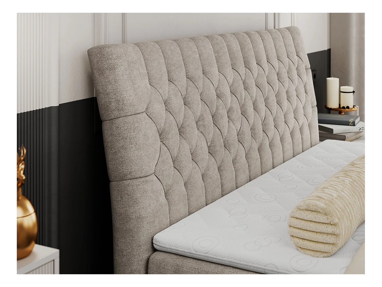 Boxspringbett MILEN - gepolstertes Schlafzimmerbett, zwei Multipocket-Matratze, dekorative hohe Beine - 200x200 cm - H3 - Beige Strukture