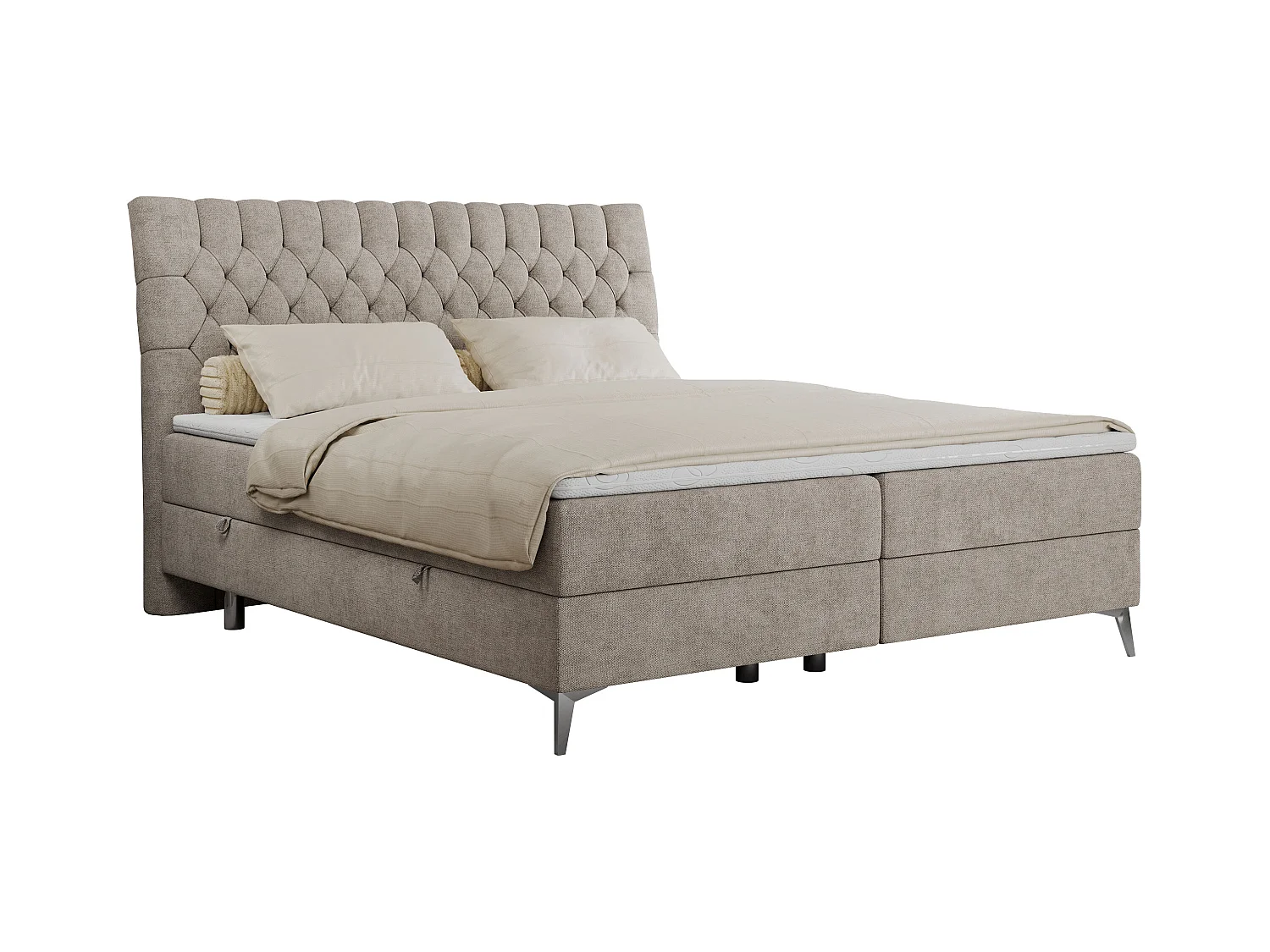 Boxspringbett MILEN - gepolstertes Schlafzimmerbett, zwei Multipocket-Matratze, dekorative hohe Beine - 200x200 cm - H3 - Beige Strukture