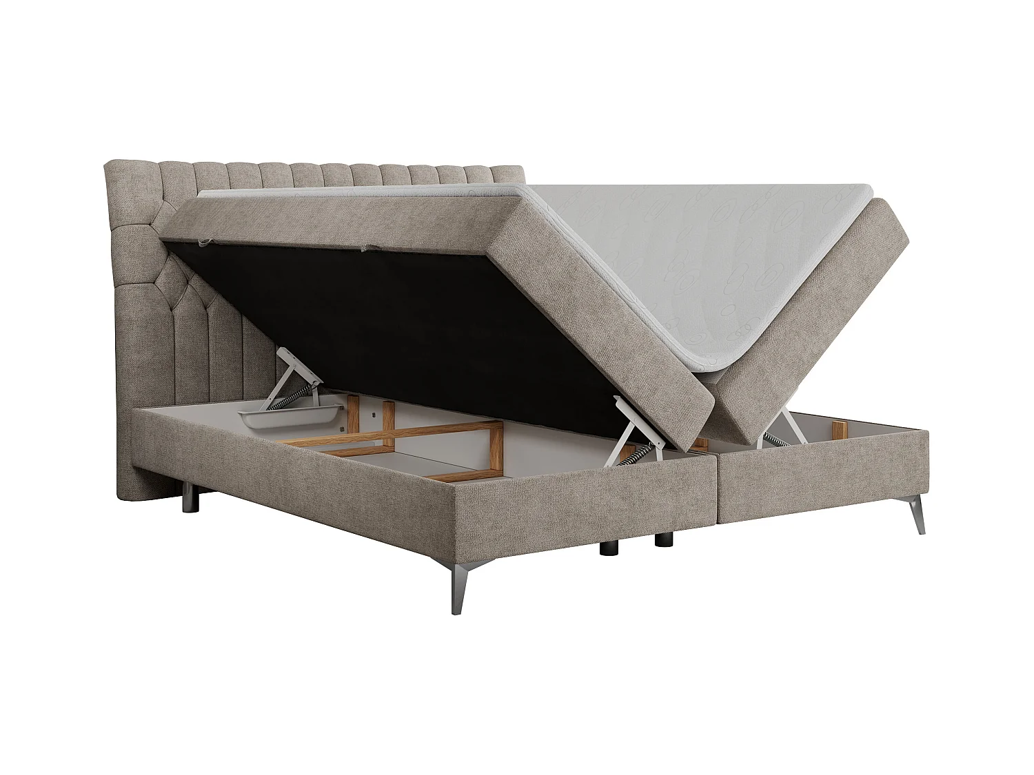 Boxspringbett MILEN - gepolstertes Schlafzimmerbett, zwei Multipocket-Matratze, dekorative hohe Beine - 200x200 cm - H3 - Beige Strukture