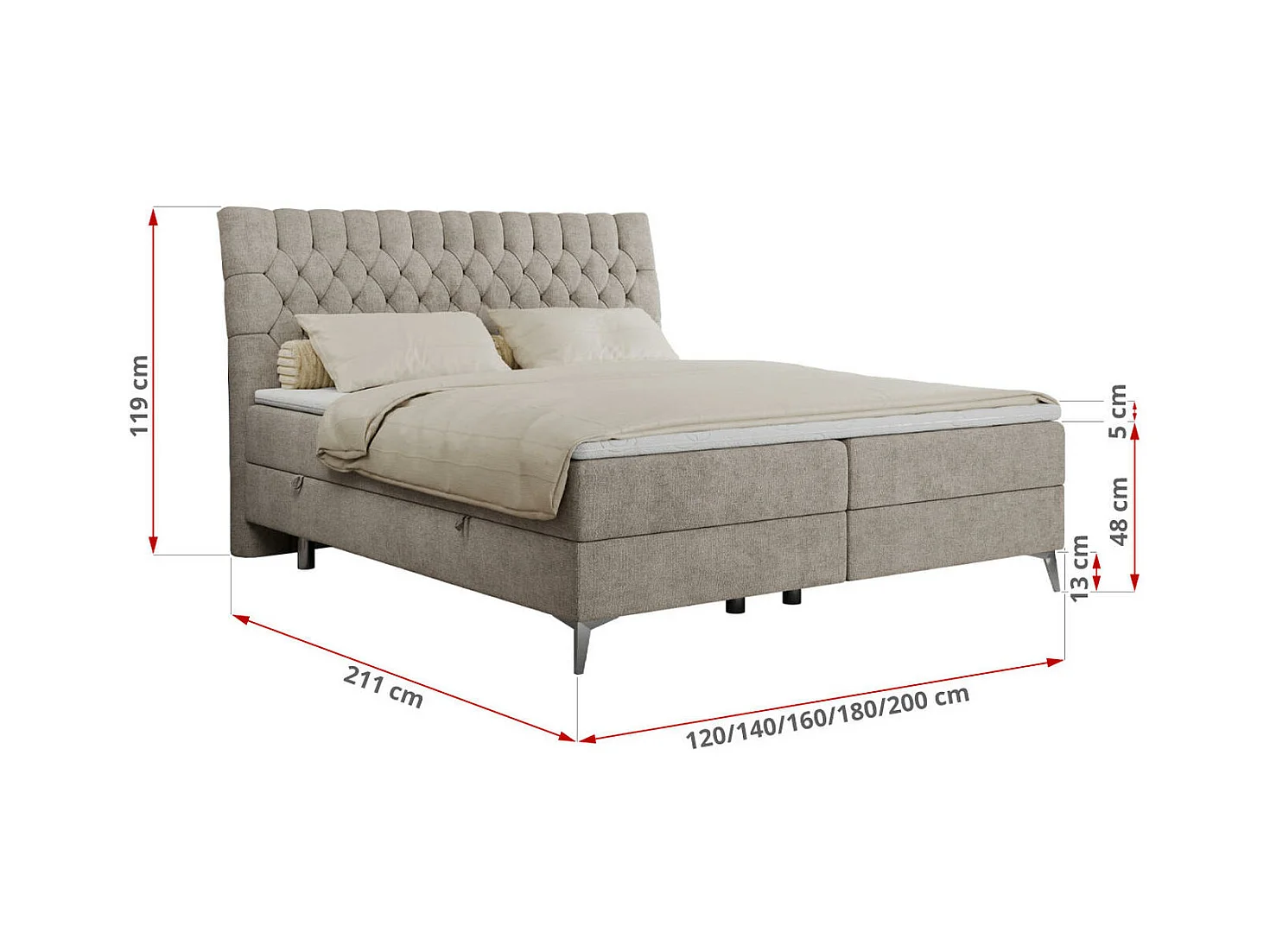 Boxspringbett MILEN - gepolstertes Schlafzimmerbett, zwei Multipocket-Matratze, dekorative hohe Beine - 200x200 cm - H3 - Beige Strukture
