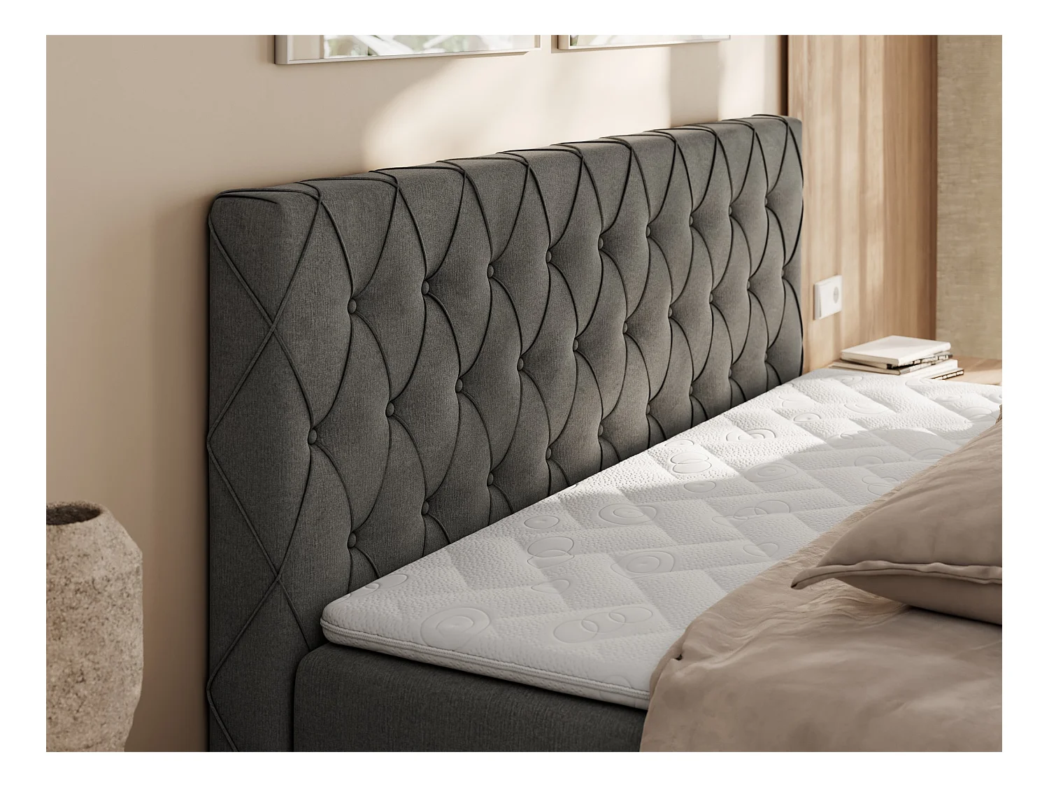 Boxspringbett MIREN DUO - mit gestepptem Kopfteil und Front, Multipocket-Matratze, zwei Bettkästen - 140x200 cm - H3 - Dunkelgrau Velvet