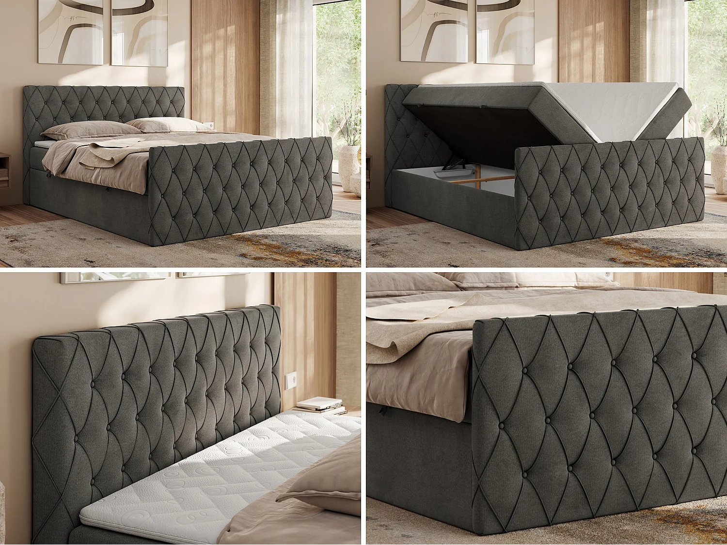 Boxspringbett MIREN DUO - mit gestepptem Kopfteil und Front, Multipocket-Matratze, zwei Bettkästen - 140x200 cm - H3 - Dunkelgrau Velvet