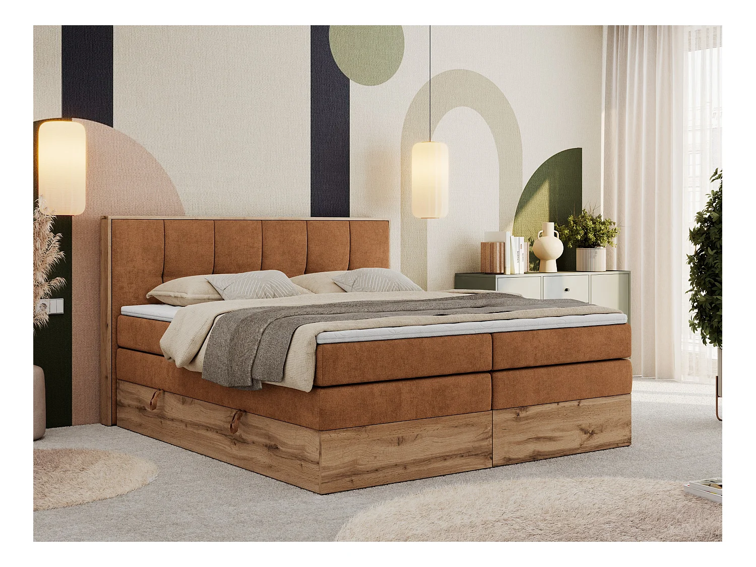 Boxspringbett ALBERO 1 KING - zwei 7 Härtezonen Multipocket-Matratzen, Doppelbett mit Stauraum, Eiche Wotan Holzrahmen - 180x200 cm - H3 - Orange Strukture