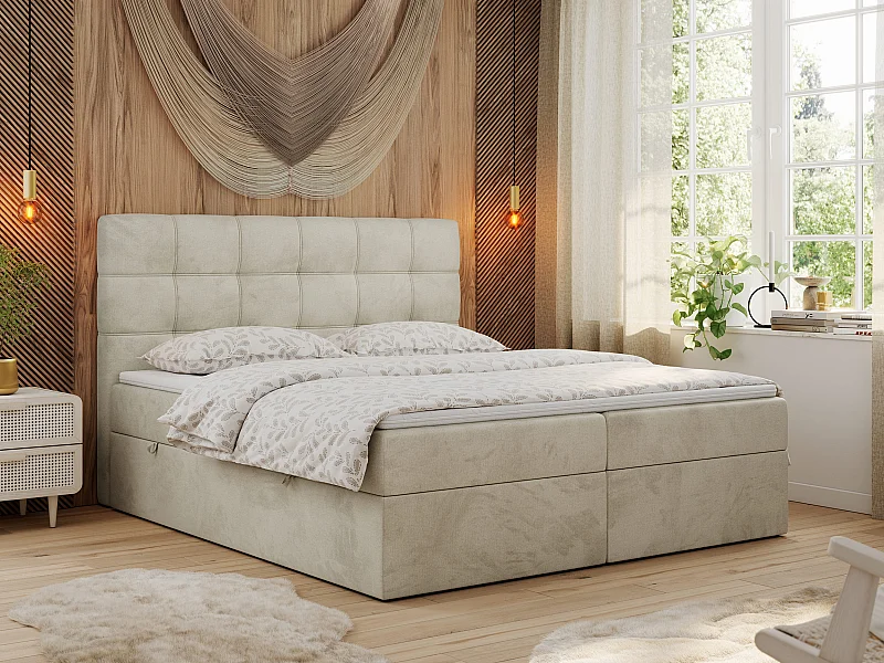 Boxspringbett ERNI - mit gestepptem Kopfteil, Polsterbett, Multipocket-Matratze und Topper, Bettkästen - 200x200 cm - H4 - Beige Velvet