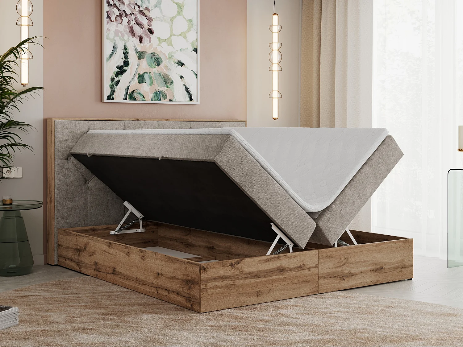 Boxspringbett VENETO - gestepptem Kopfteil, Set mit Multipocket-Matratze und Topper, Holzrahmen, zwei Bettkästen - 180x200 cm - H4 - Beige Strukture