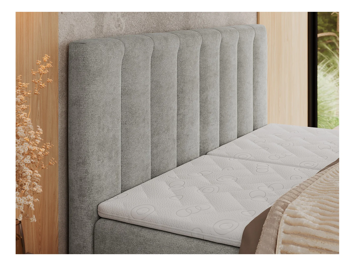Boxspringbett COMFORTO - Doppelbett, Elektrisch verstellbare, Multipocket-Matratzen und Topper, genähtes Kopfteil - 160x200 cm - H3 - Hellgrau Strukture
