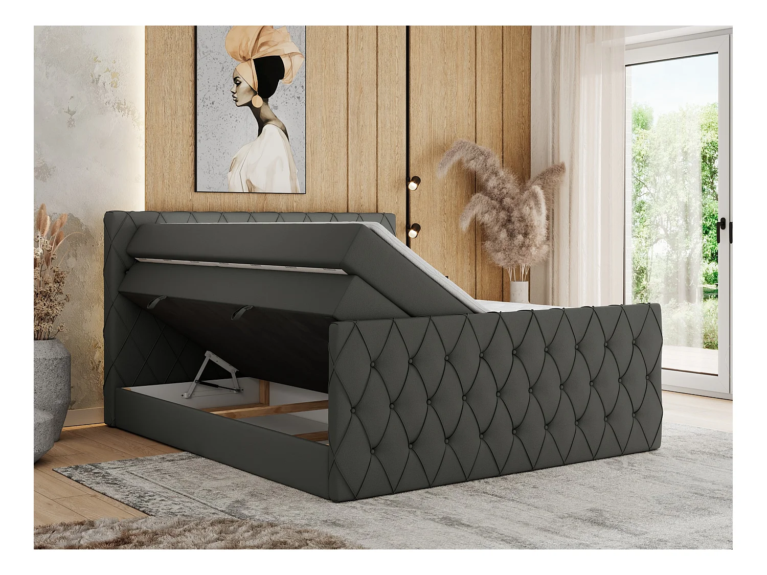 Boxspringbett MIREN KING DUO - für Schlafzimmer mit zwei Multipocket-Matratzen und Topper, gestepptes Kopfteil und Front  - 200x200 cm - H3 - Grau Kunstleder