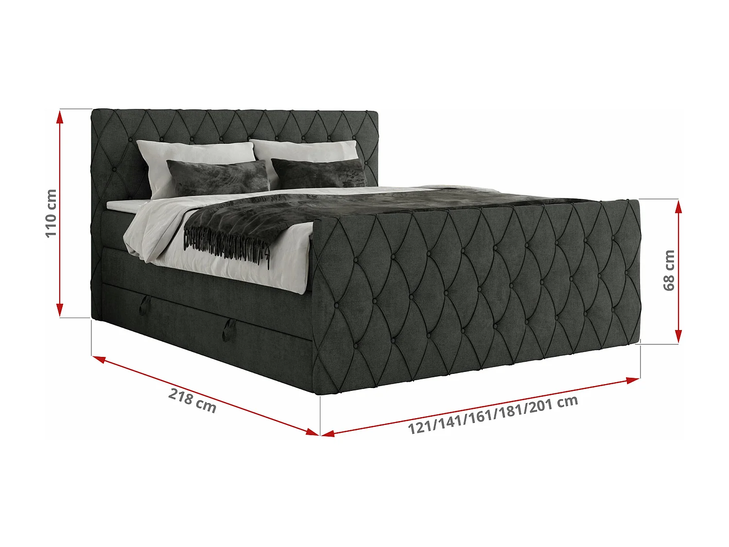 Boxspringbett MIREN KING DUO - für Schlafzimmer mit zwei Multipocket-Matratzen und Topper, gestepptes Kopfteil und Front  - 120x200 cm - H3 - Dunkelgrau Strukture