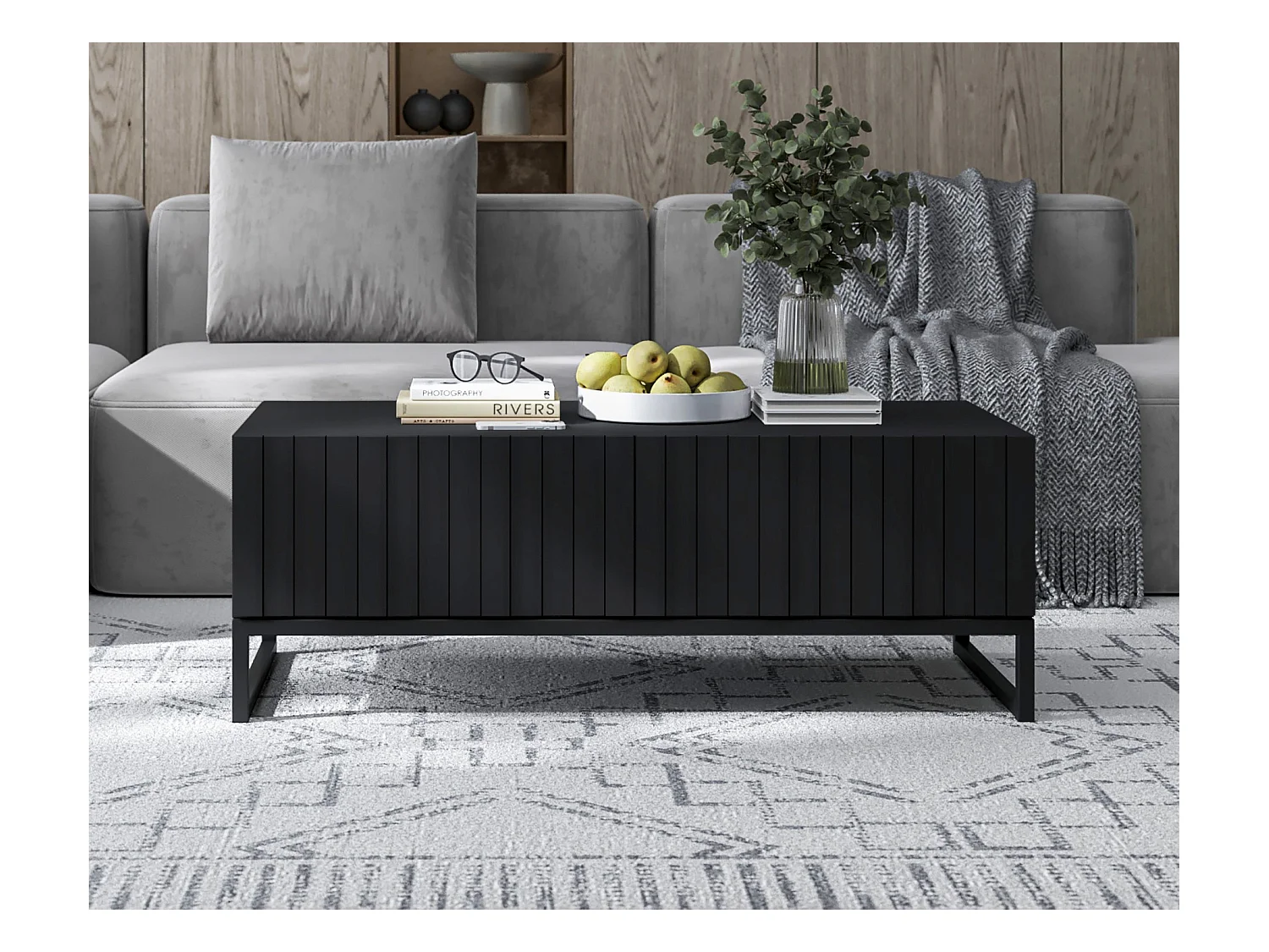 Table basse avec 2 portes - Corps Noir mat, façades rainurées Noir mat - 110 cm, Cadre en métal noir