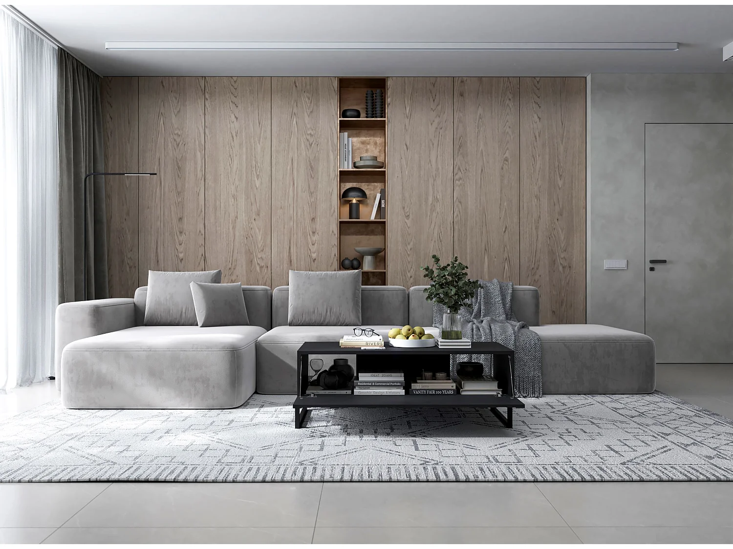 Table basse avec 2 portes - Corps Noir mat, façades rainurées Noir mat - 110 cm, Cadre en métal noir