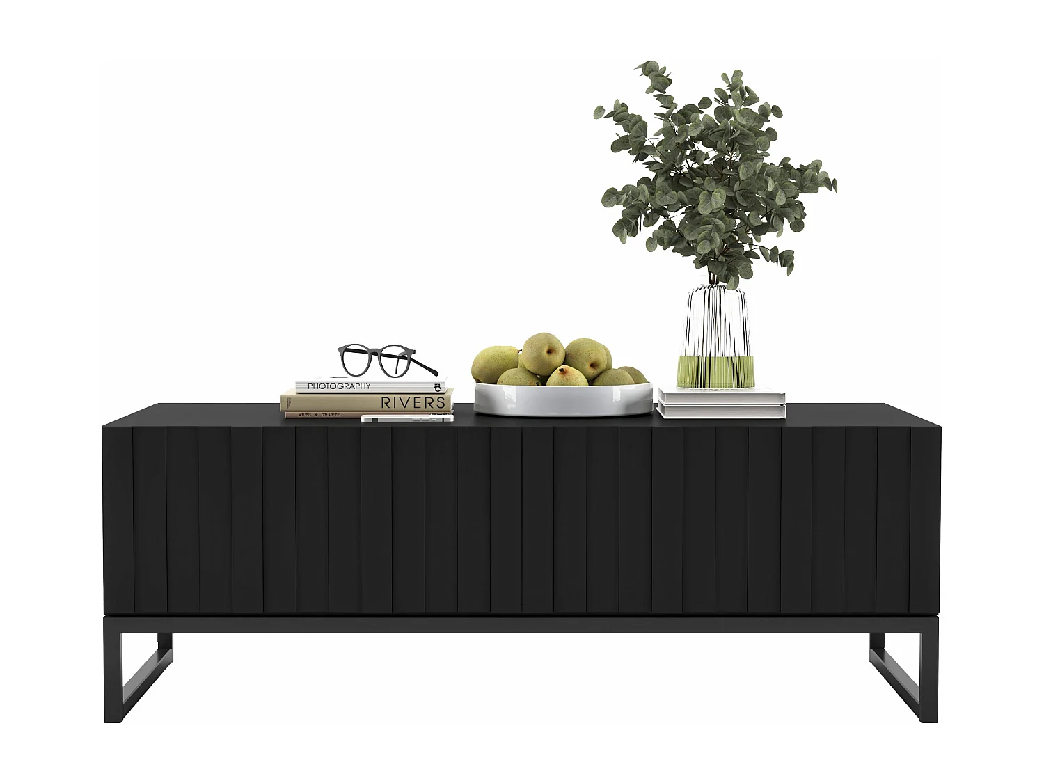 Table basse avec 2 portes - Corps Noir mat, façades rainurées Noir mat - 110 cm, Cadre en métal noir