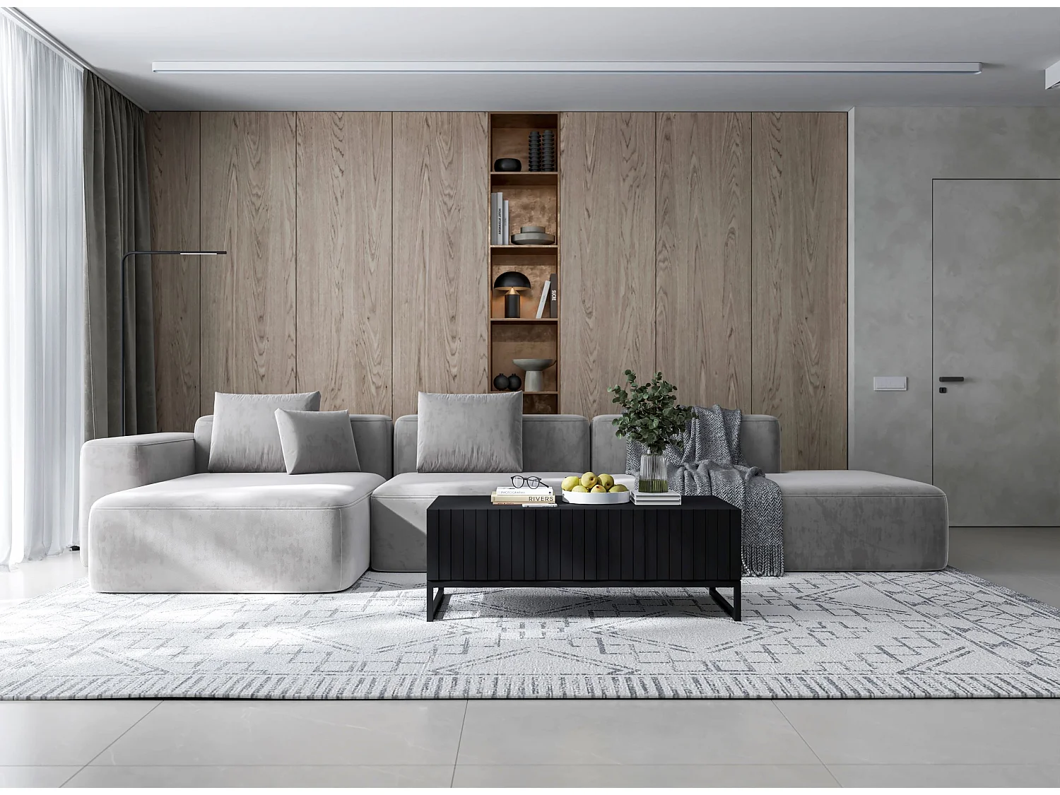 Table basse avec 2 portes - Corps Noir mat, façades rainurées Noir mat - 110 cm, Cadre en métal noir