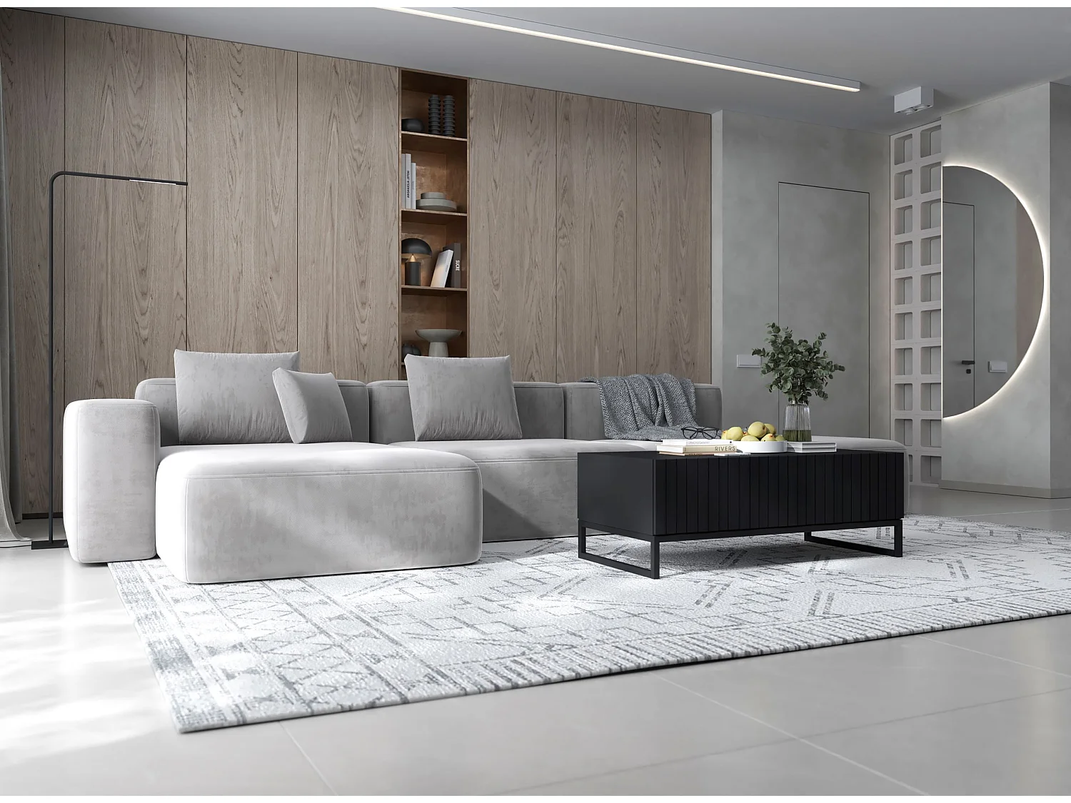 Table basse avec 2 portes - Corps Noir mat, façades rainurées Noir mat - 110 cm, Cadre en métal noir