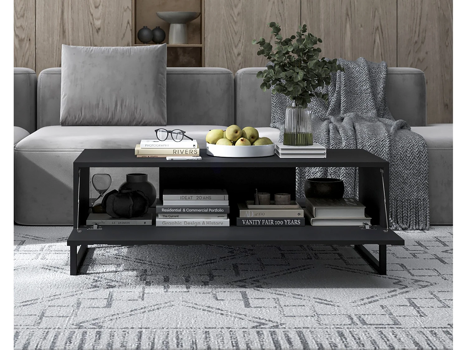 Table basse avec 2 portes - Corps Noir mat, façades rainurées Noir mat - 110 cm, Cadre en métal noir