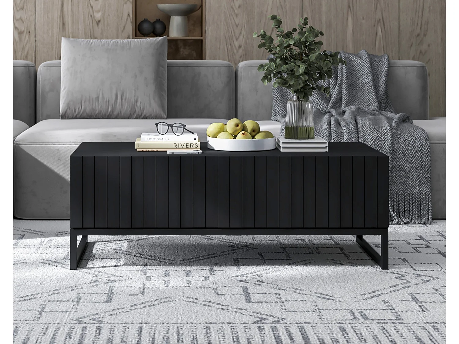 Table basse avec 2 portes - Corps Noir mat, façades rainurées Noir mat - 110 cm, Cadre en métal noir