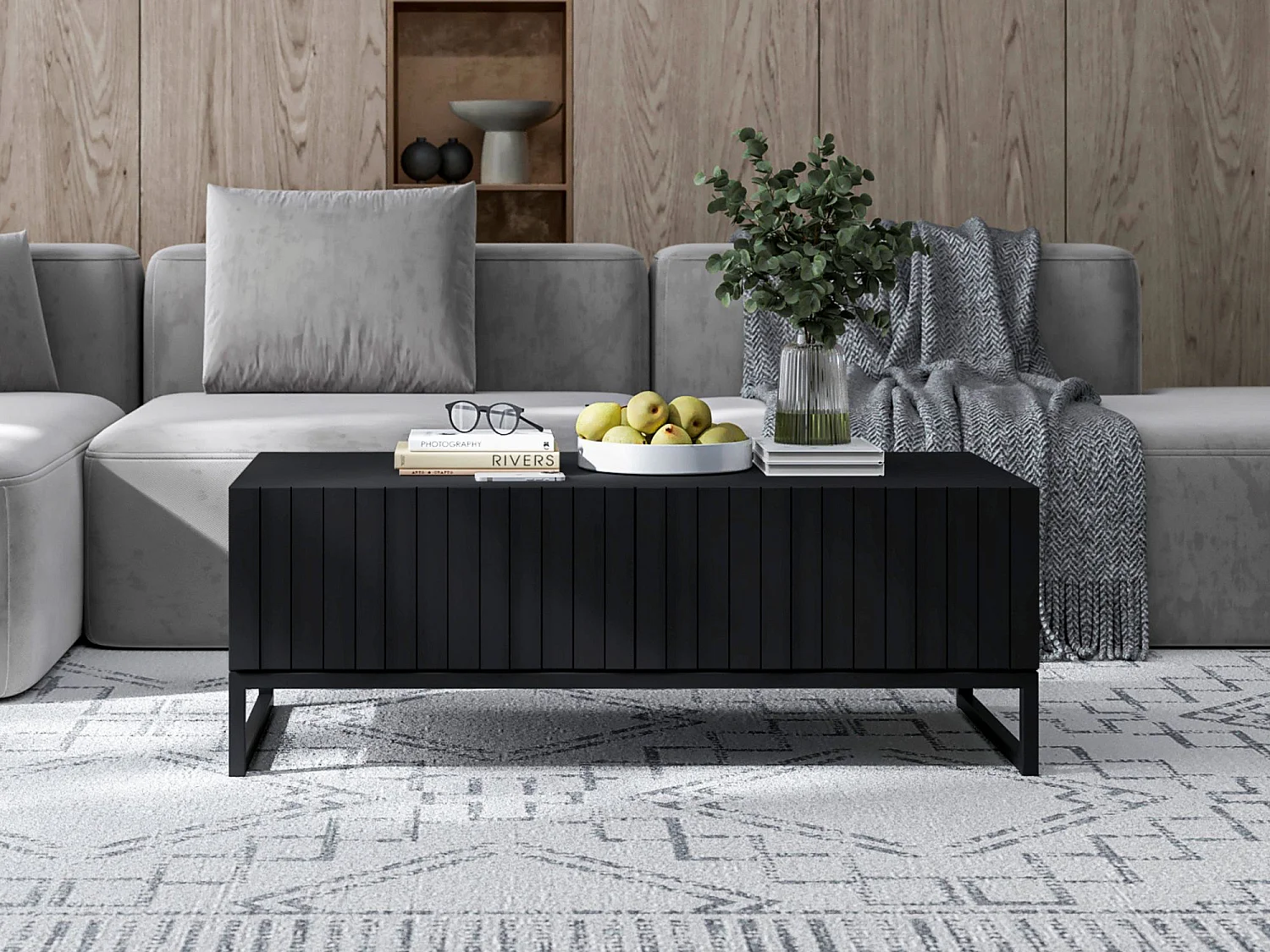 Table basse avec 2 portes - Corps Noir mat, façades rainurées Noir mat - 110 cm, Cadre en métal noir