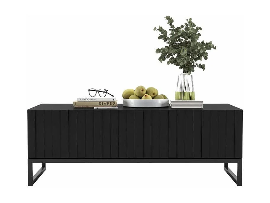Table basse avec 2 portes - Corps Noir mat, façades rainurées Noir mat - 110 cm, Cadre en métal noir