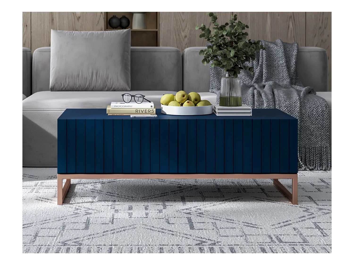 Table basse avec 2 portes - Corps Bleu Marine mat, façades rainurées Bleu Marine mat - 110 cm, cadre en métal
