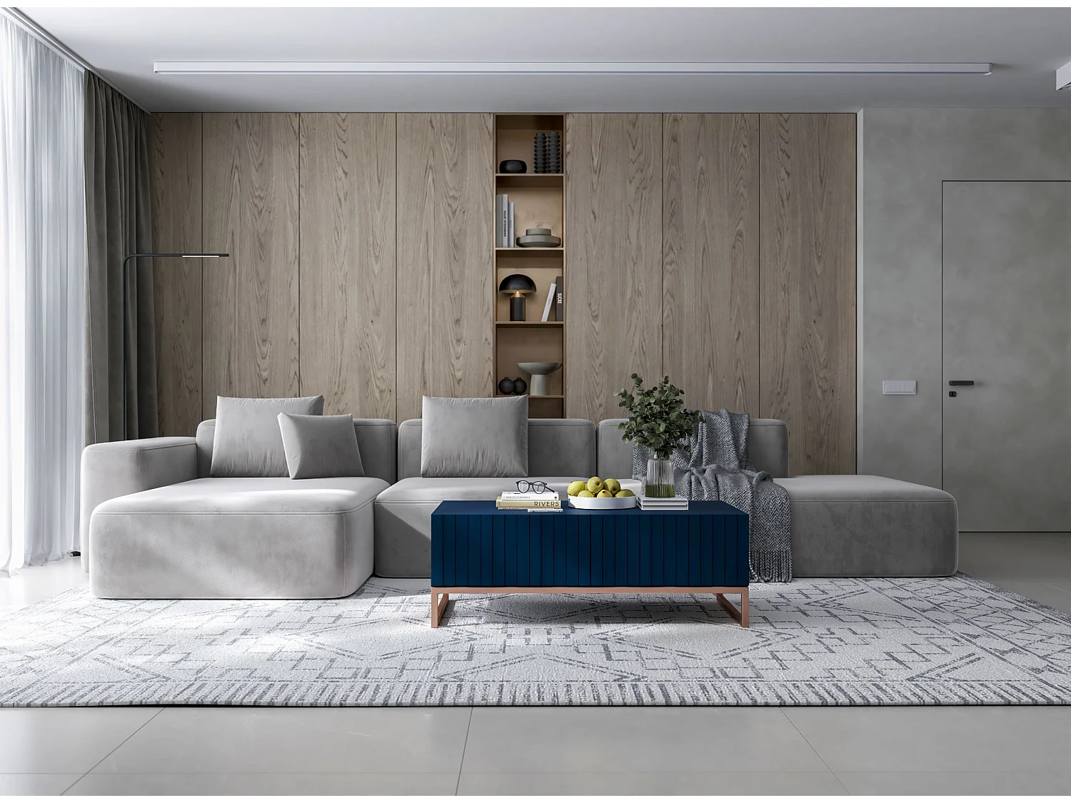 Table basse avec 2 portes - Corps Bleu Marine mat, façades rainurées Bleu Marine mat - 110 cm, cadre en métal
