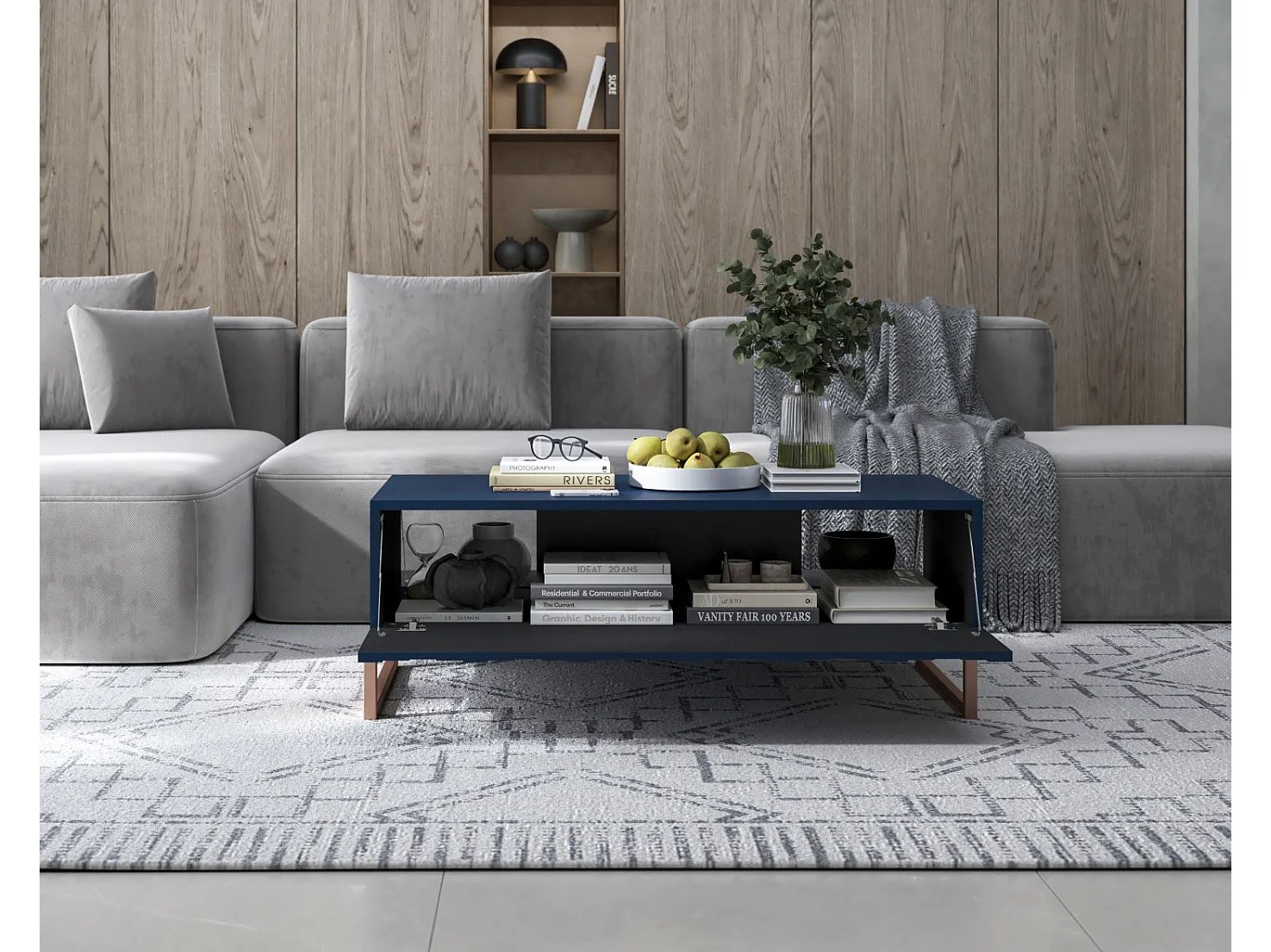 Table basse avec 2 portes - Corps Bleu Marine mat, façades rainurées Bleu Marine mat - 110 cm, cadre en métal