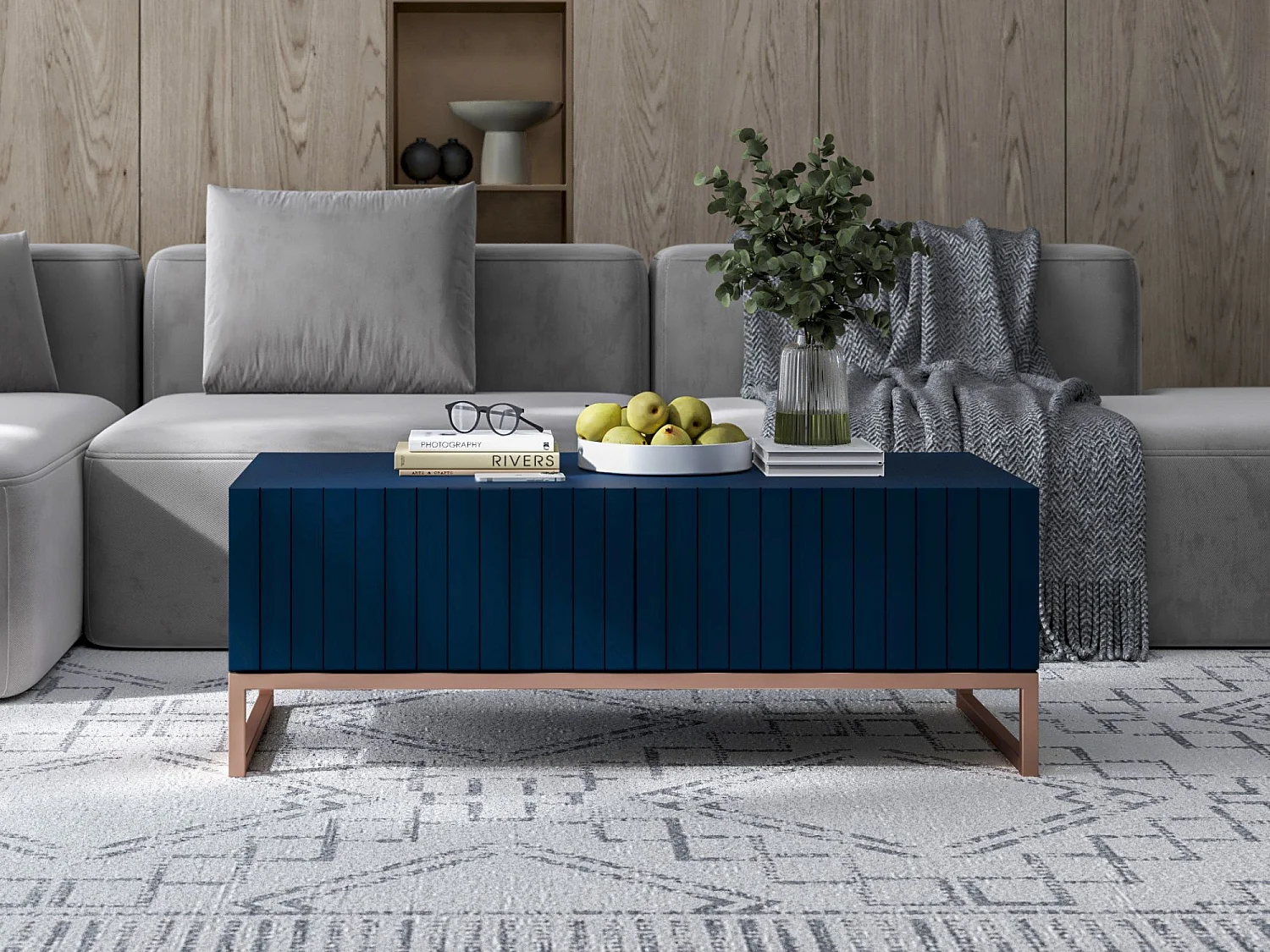 Table basse avec 2 portes - Corps Bleu Marine mat, façades rainurées Bleu Marine mat - 110 cm, cadre en métal