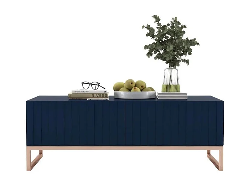 Mesa de centro con 2 puertas - Cuerpo Azul marino mate, frentes ranurados Azul marino mate - 110 cm, marco de metal