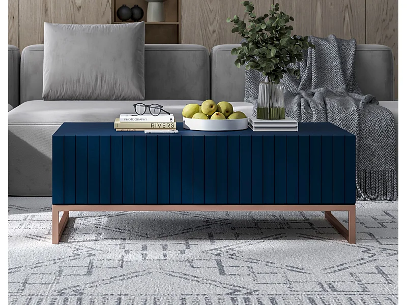 Table basse avec 2 portes - Corps Bleu Marine mat, façades rainurées Bleu Marine mat - 110 cm, cadre en métal