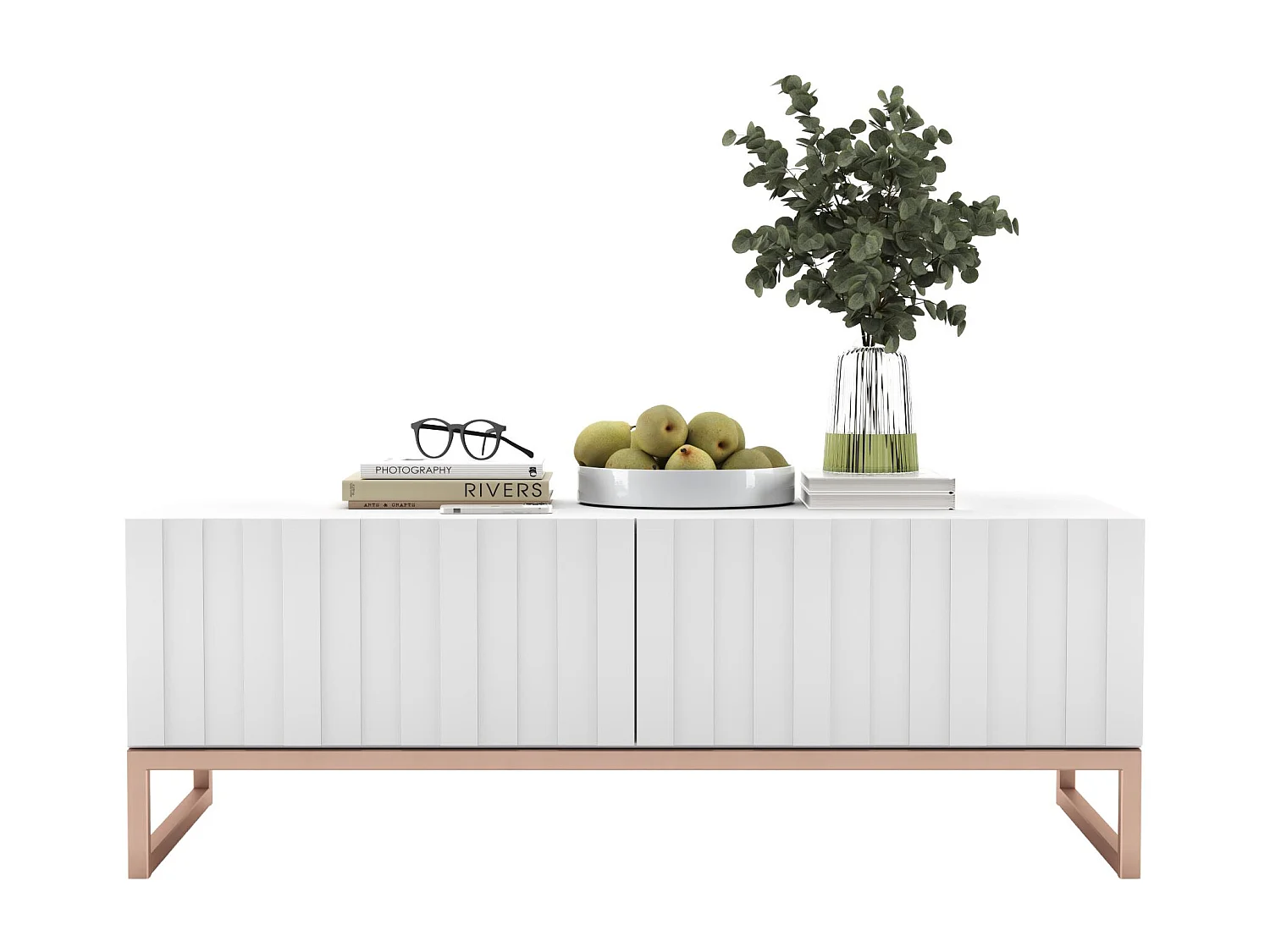 Table basse avec 2 portes - Corps Blanc mat, façades rainurées Blanc mat - 110 cm, cadre en métal