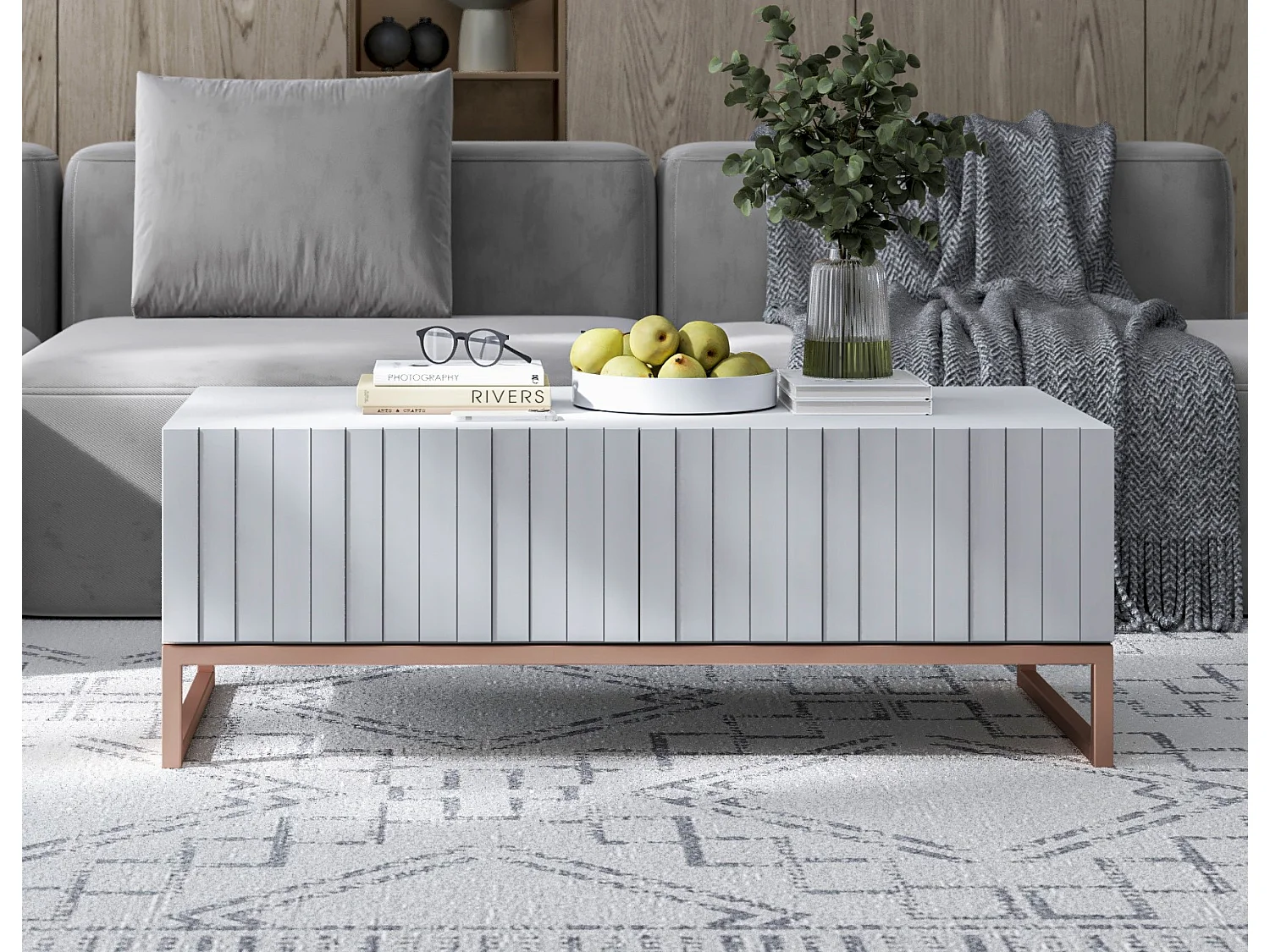 Table basse avec 2 portes - Corps Blanc mat, façades rainurées Blanc mat - 110 cm, cadre en métal
