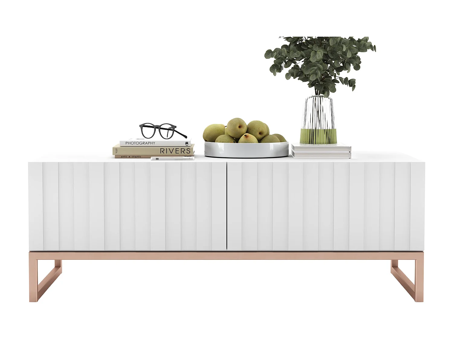 Table basse avec 2 portes - Corps Blanc mat, façades rainurées Blanc mat - 110 cm, cadre en métal