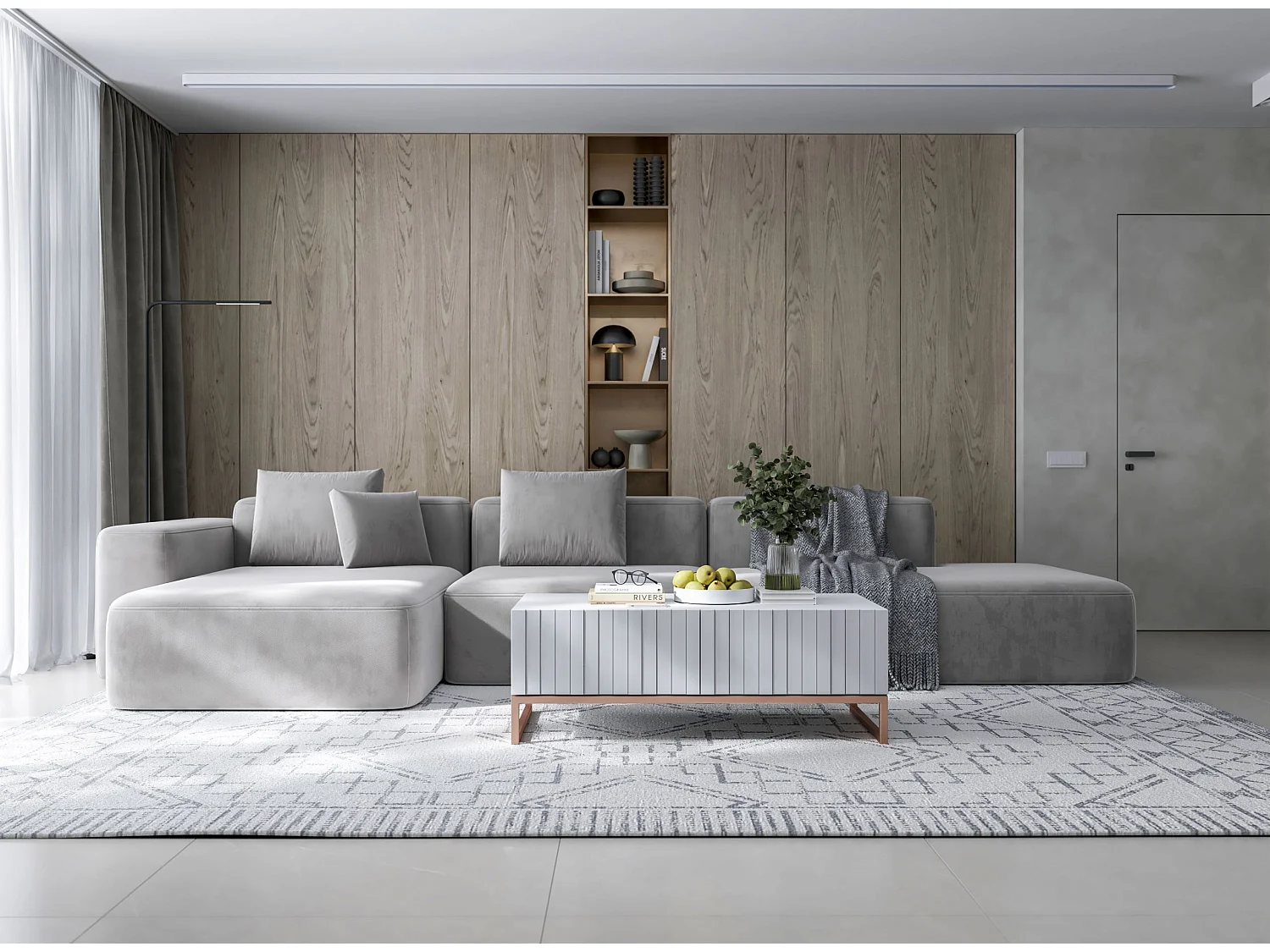 Table basse avec 2 portes - Corps Blanc mat, façades rainurées Blanc mat - 110 cm, cadre en métal