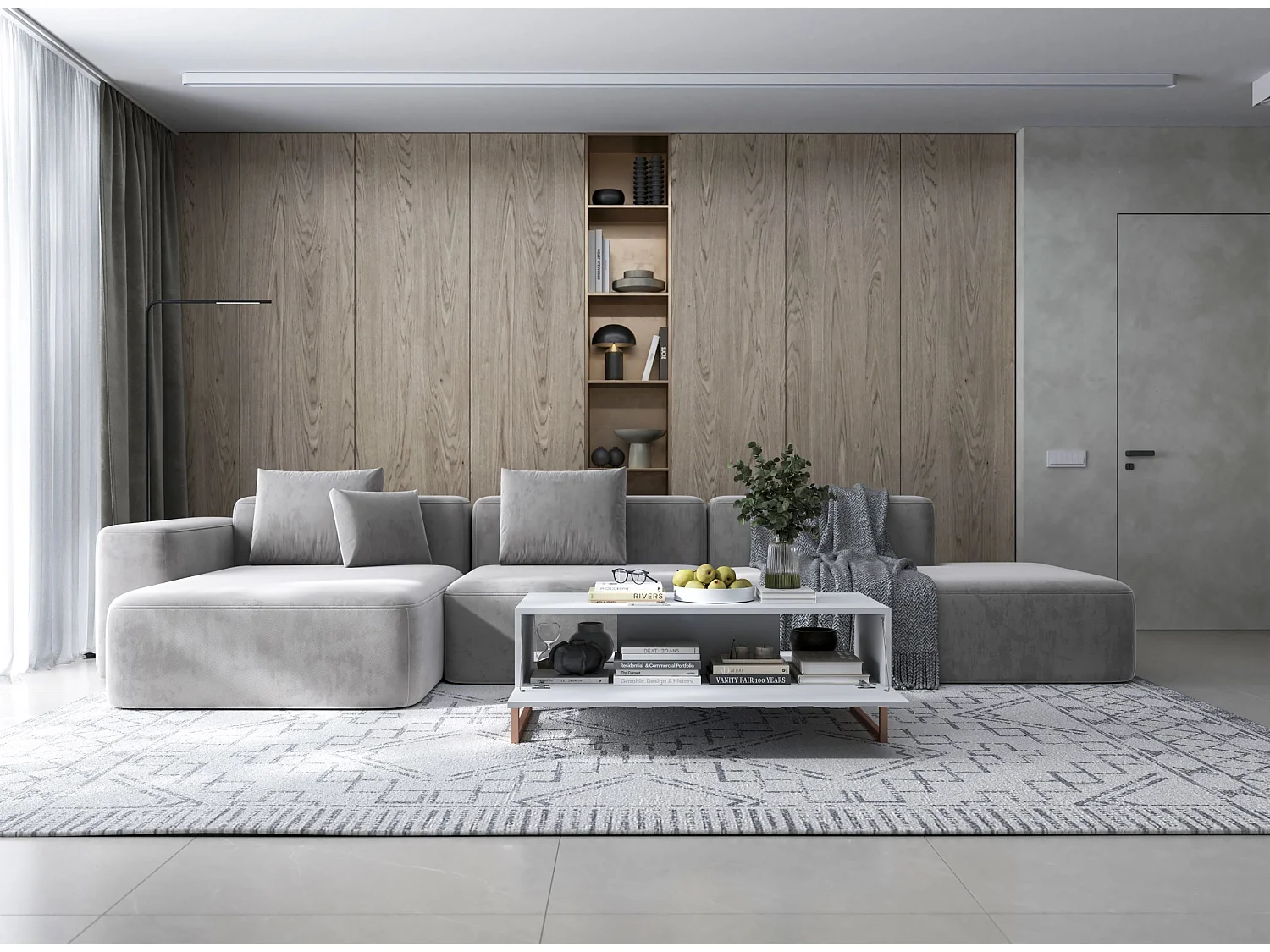 Table basse avec 2 portes - Corps Blanc mat, façades rainurées Blanc mat - 110 cm, cadre en métal